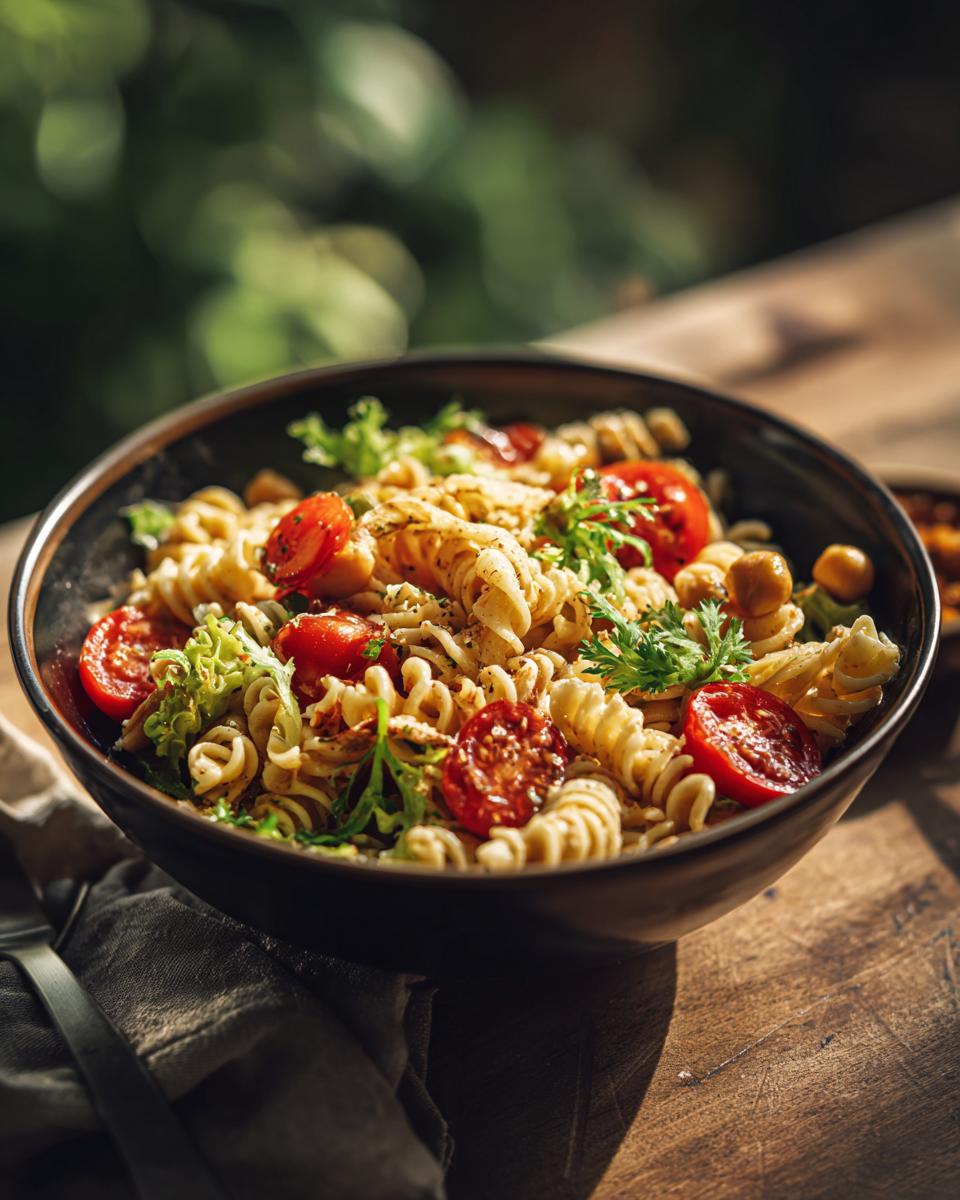 Close-up of a bowl of pasta salad chickpeas with tomatoes and herbs.