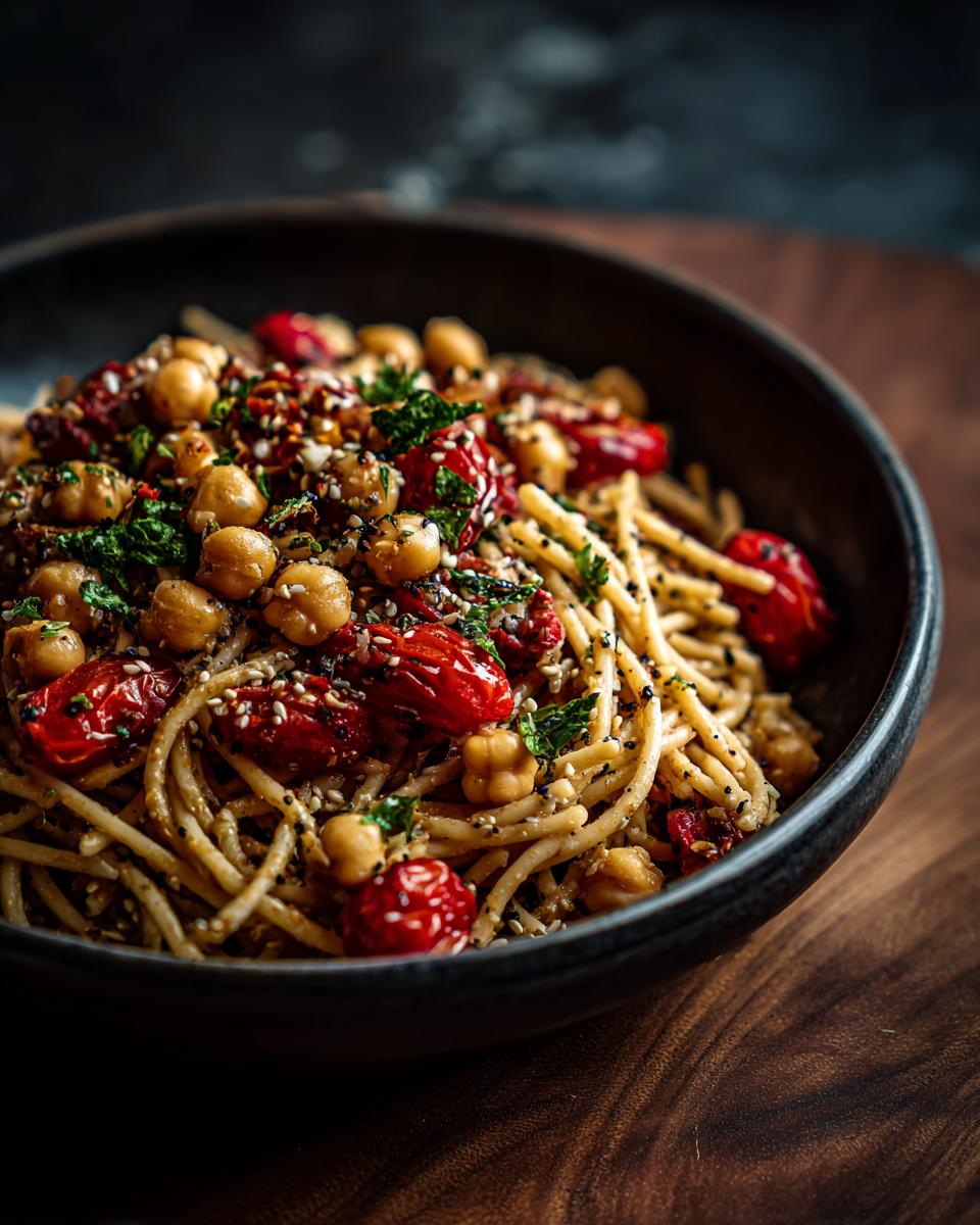 Close-up of a pasta salad chickpeas dish in a dark bowl, with tomatoes and herbs.