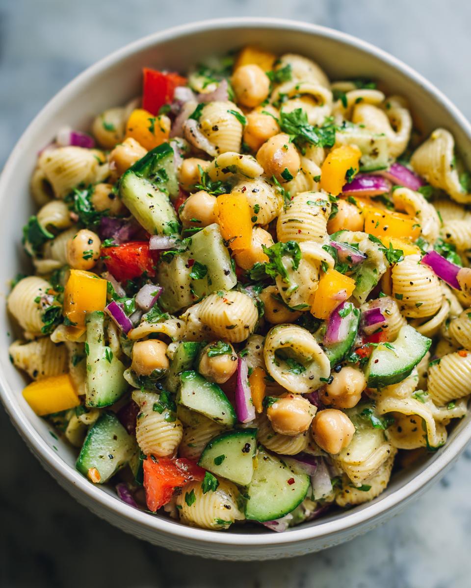 Overhead shot of a vibrant pasta salad chickpeas with vegetables in a white bowl.