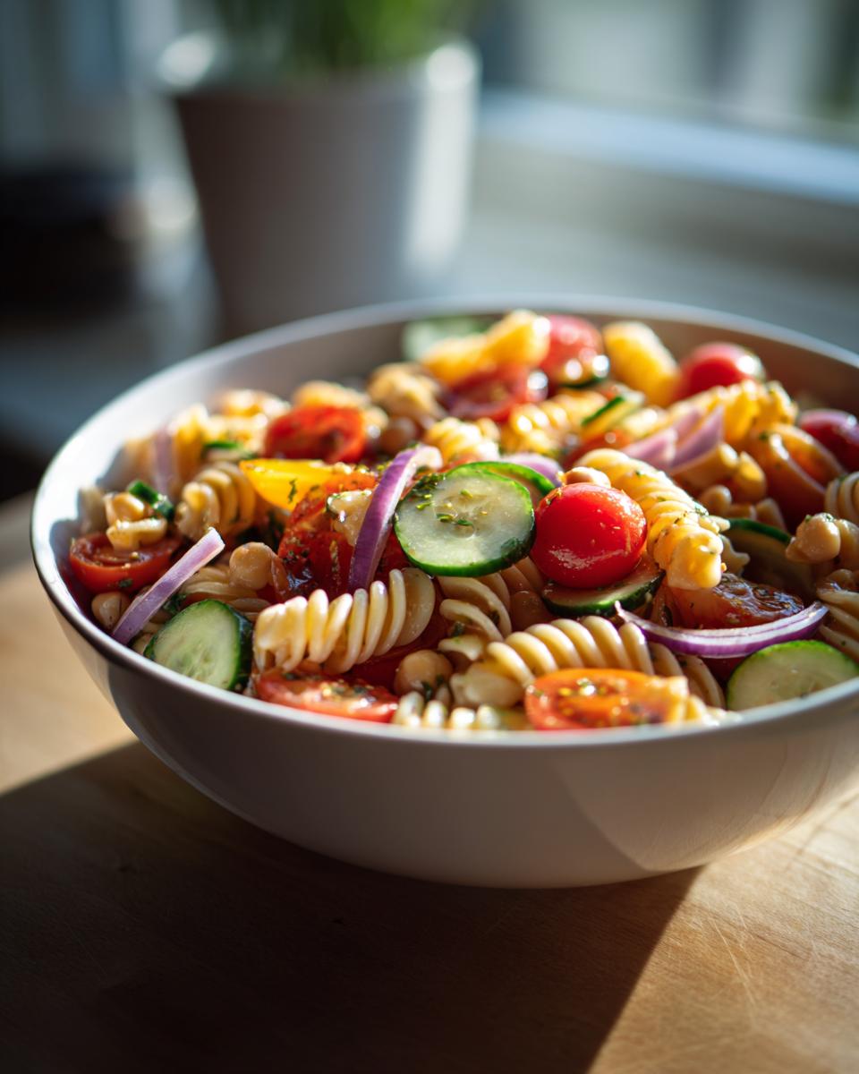 Close-up of a bowl of pasta salad chickpeas with tomatoes, cucumbers, and red onion.