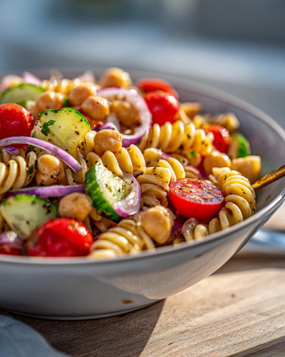 Close-up of a vibrant pasta salad chickpeas with tomatoes, cucumber, and red onion.