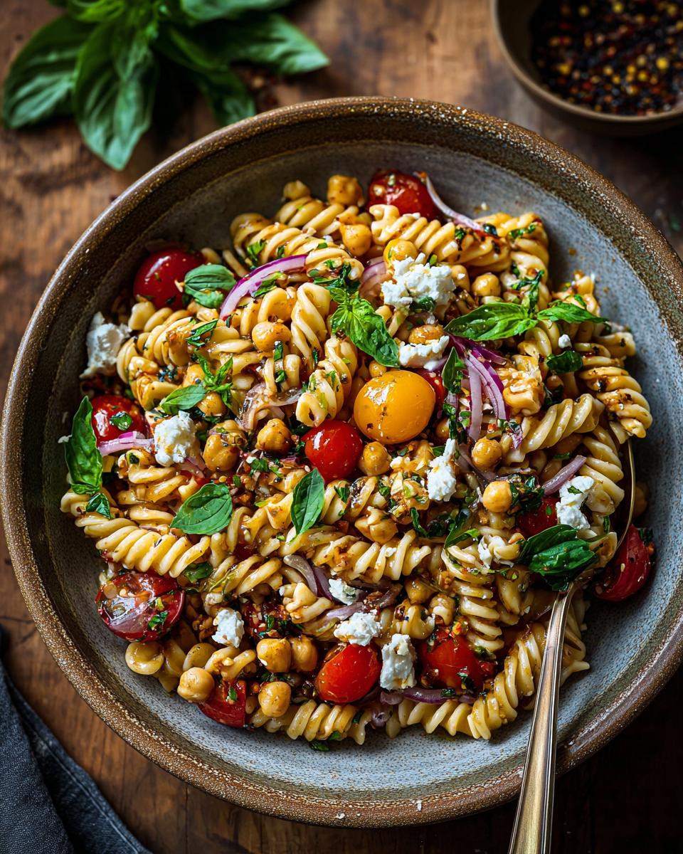 Overhead shot of pasta salad chickpeas with tomatoes, basil, and feta in a bowl.