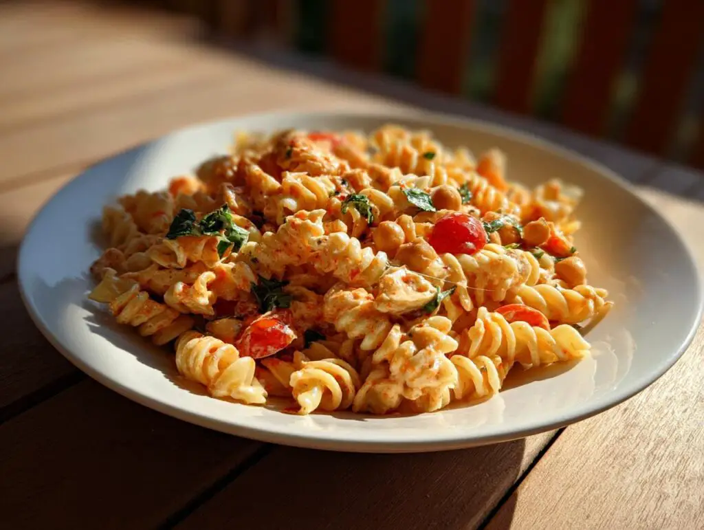 Close-up of a pasta salad chickpeas dish with tomatoes and herbs on a white plate.