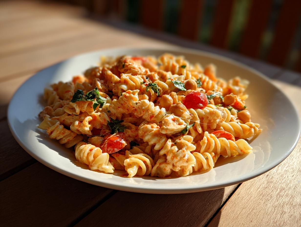 Close-up of a pasta salad chickpeas dish with tomatoes and herbs on a white plate.