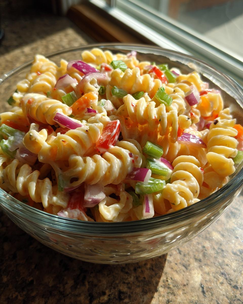Close-up of a bowl of pasta salad classic with rotini pasta, vegetables, and creamy dressing.