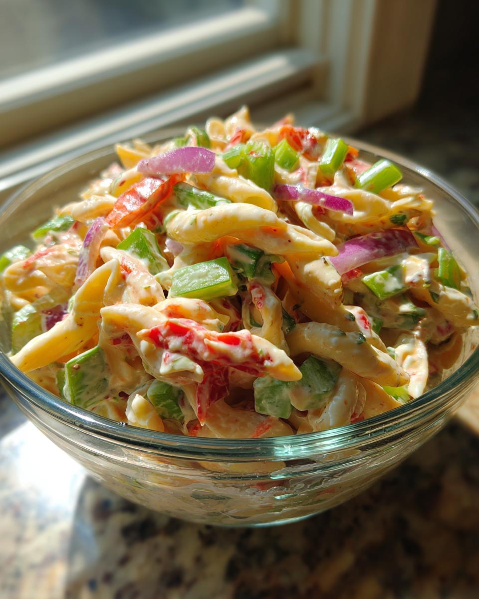 Close-up of a bowl of pasta salad classic with penne pasta, vegetables, and creamy dressing.
