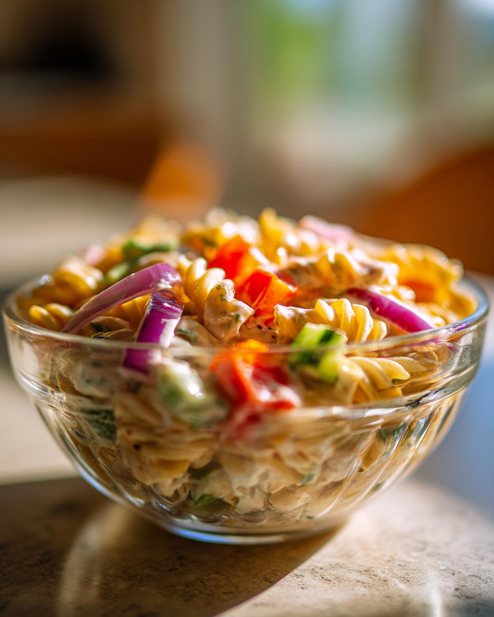 Close-up of a pasta salad classic with rotini pasta, vegetables, and creamy dressing in a glass bowl.