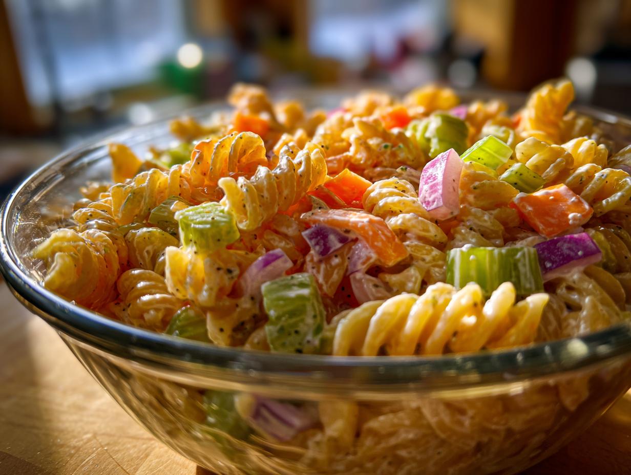 Close-up of a delicious pasta salad classic with rotini pasta, vegetables, and creamy dressing.