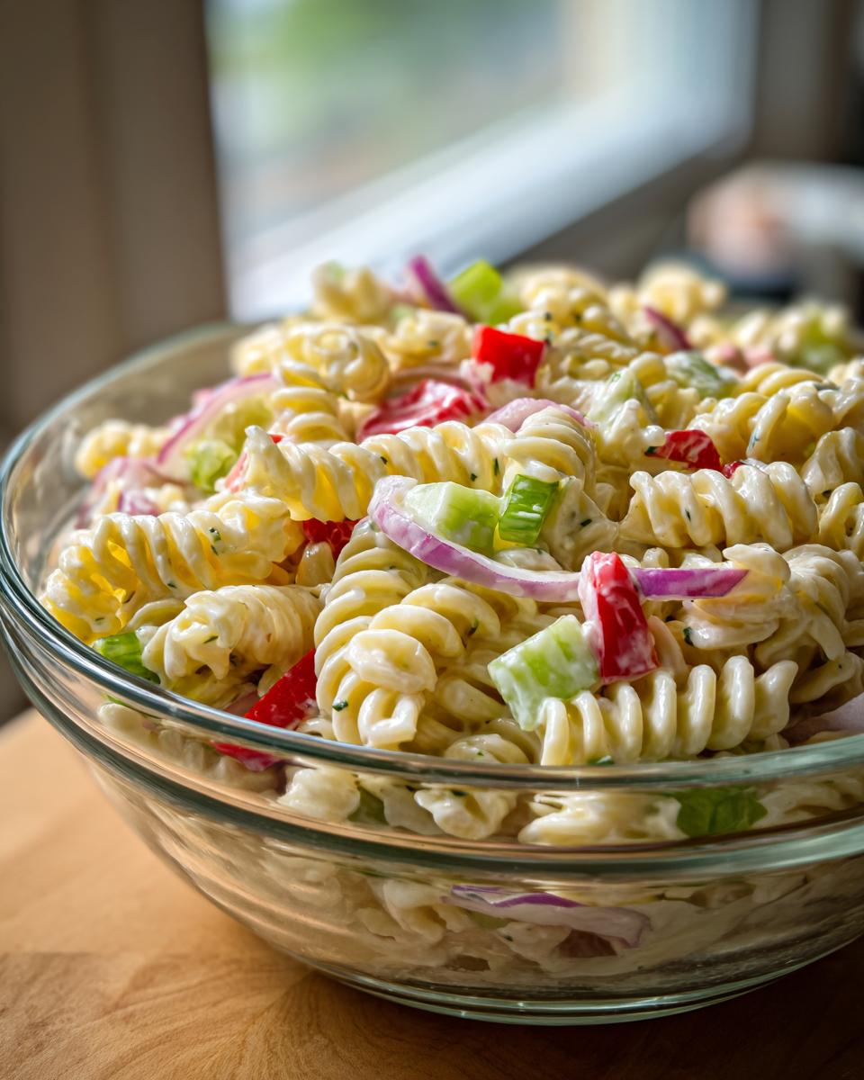 Close-up of a classic pasta salad in a glass bowl with rotini pasta, vegetables, and creamy dressing. This is a pasta salad classic.