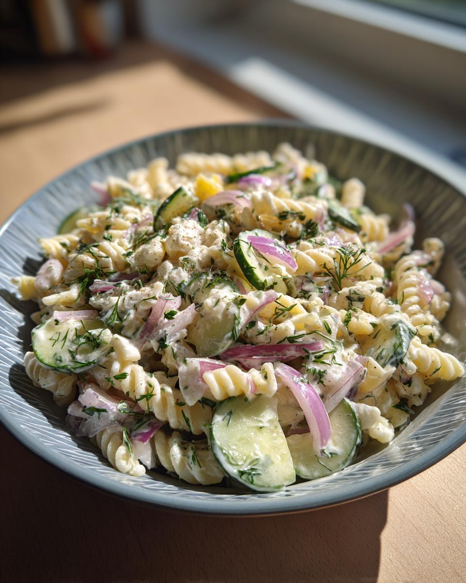 Close-up of a pasta salad cucumber with red onion and fresh dill in a bowl.