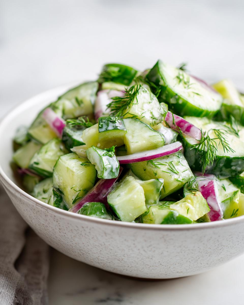 Close-up of a bowl of pasta salad cucumber with red onion and fresh dill.
