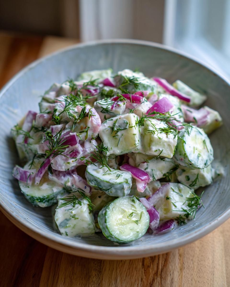 Close-up of a bowl of creamy pasta salad cucumber with red onion and dill.