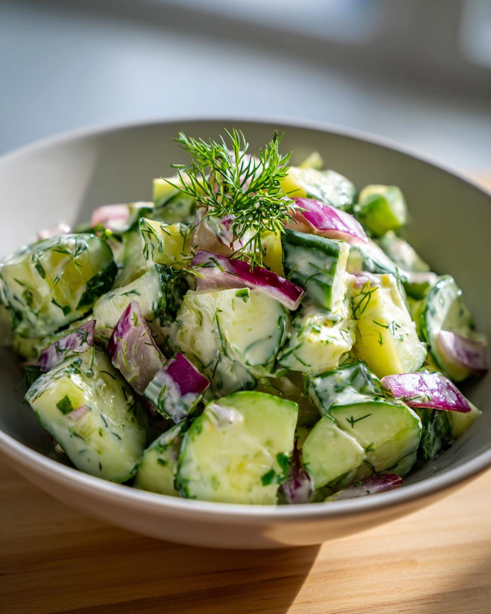 Close-up of a creamy pasta salad cucumber with red onion and fresh dill.