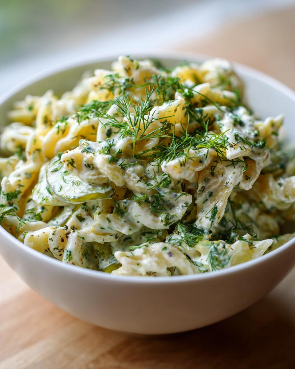 Close-up of creamy pasta salad dill pickle in a white bowl, garnished with fresh dill.