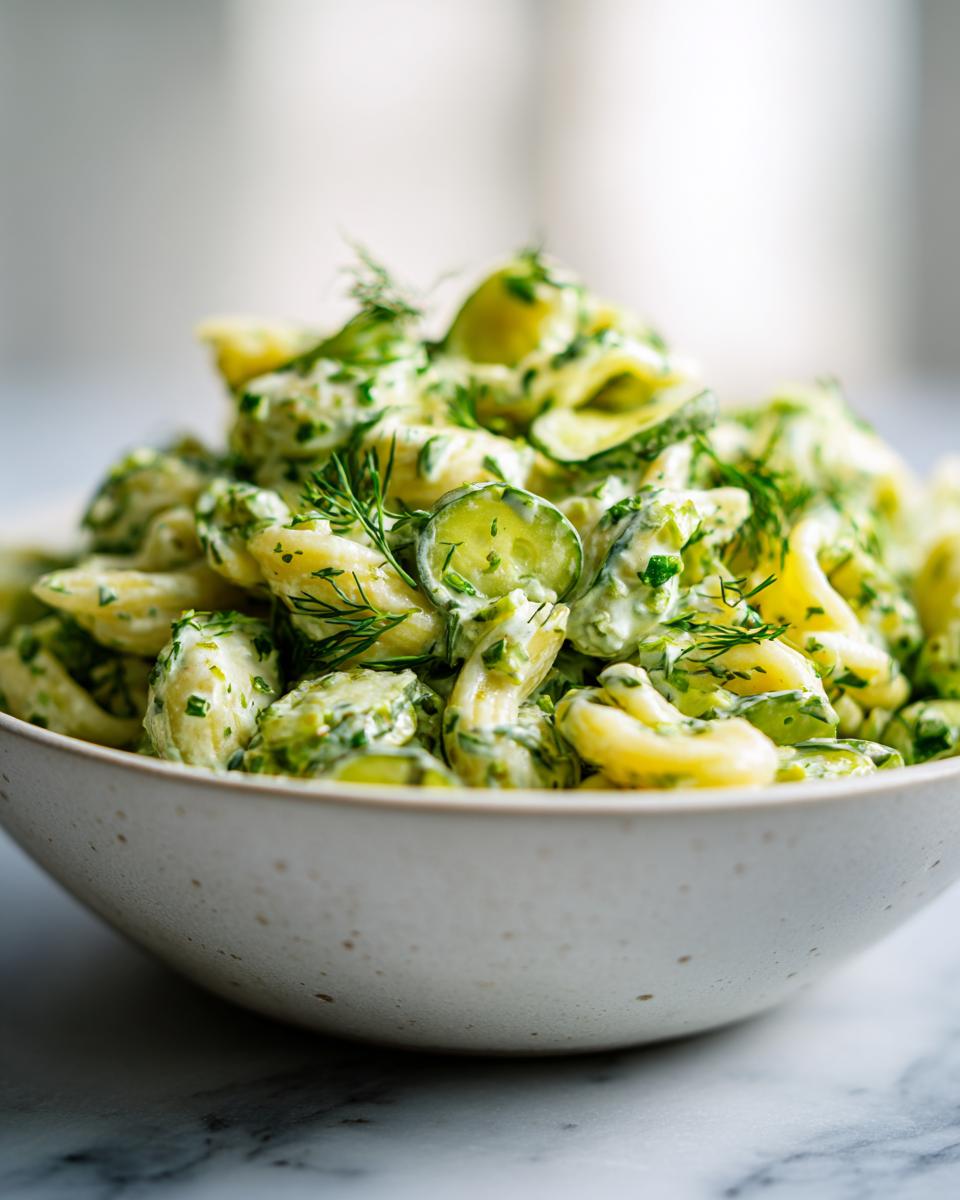 Close-up of creamy pasta salad dill pickle in a white bowl, garnished with fresh dill.