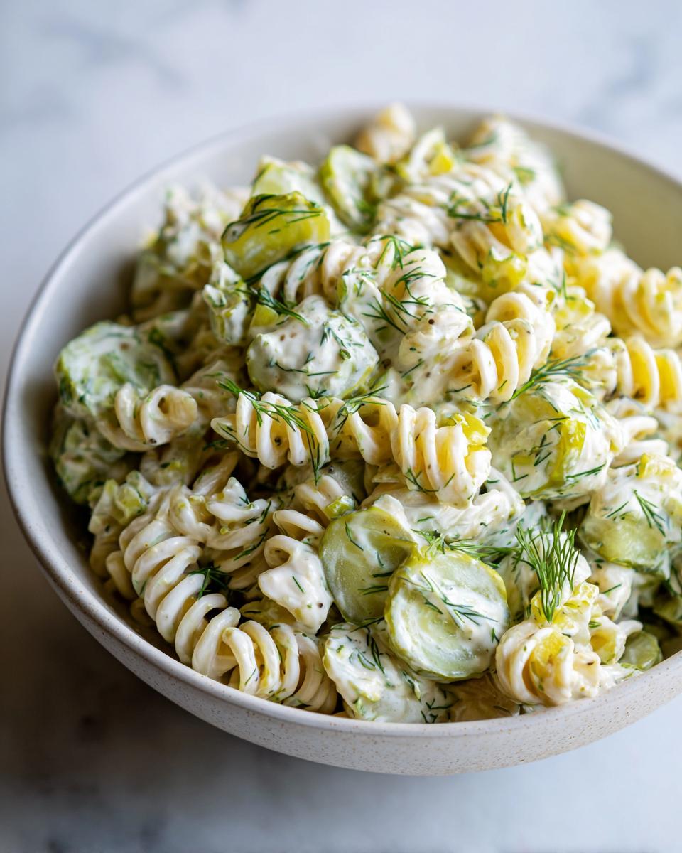 Close-up of a bowl of pasta salad dill pickle, featuring pasta, pickles, and creamy dressing.