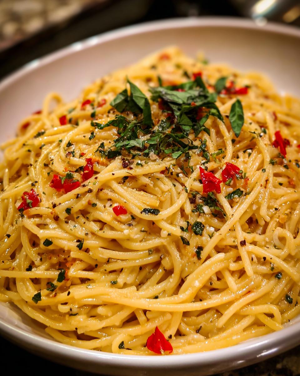 Close-up of pasta salad with dressing, herbs, and red pepper flakes. Perfect for a pasta salad dressing recipe.