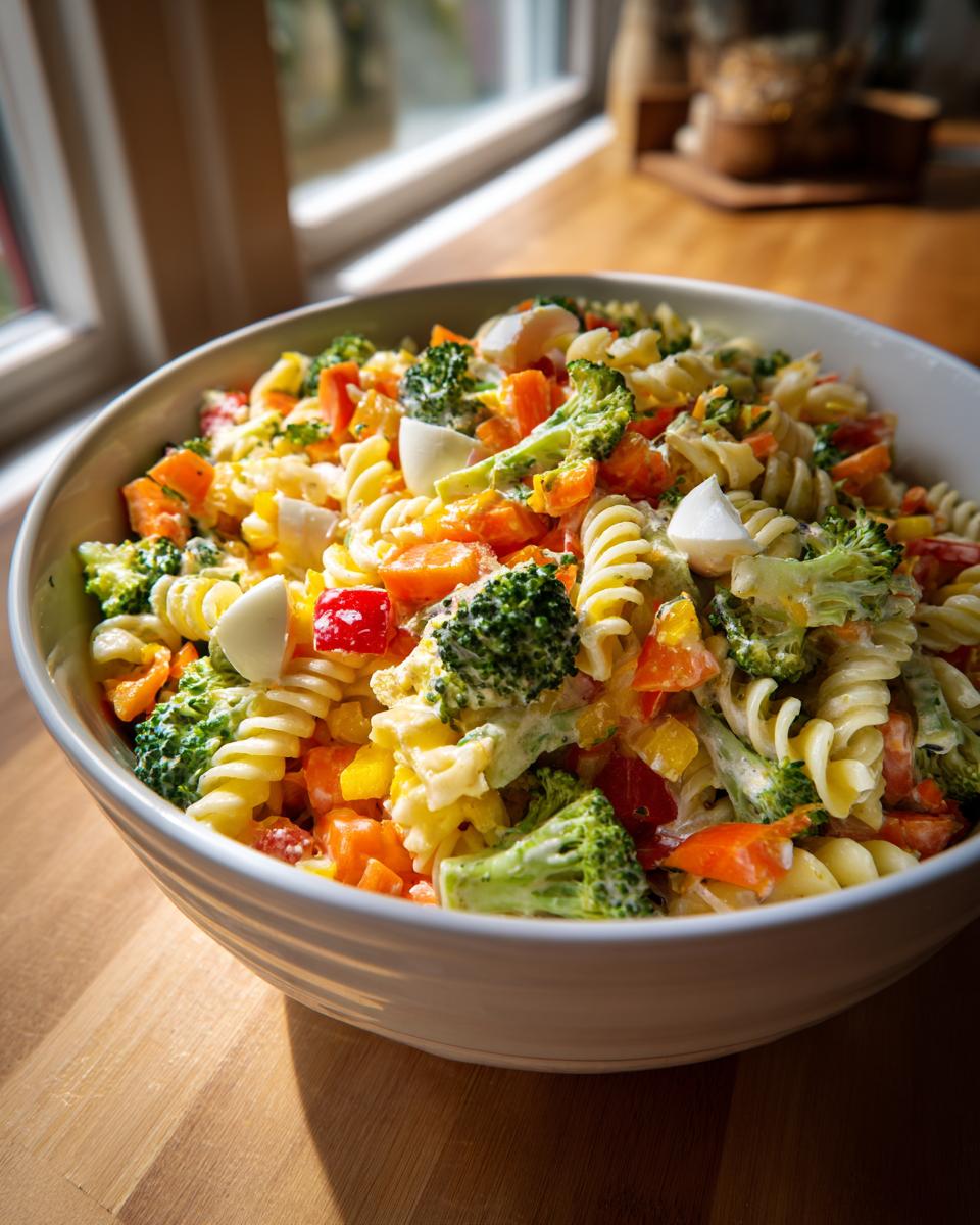 A colorful bowl of pasta salad Easter with vegetables, eggs, and creamy dressing.