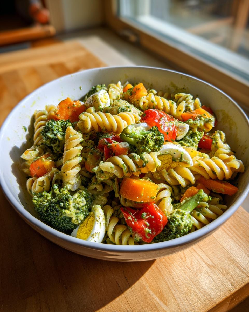 A vibrant bowl of pasta salad for Easter, with vegetables and eggs.