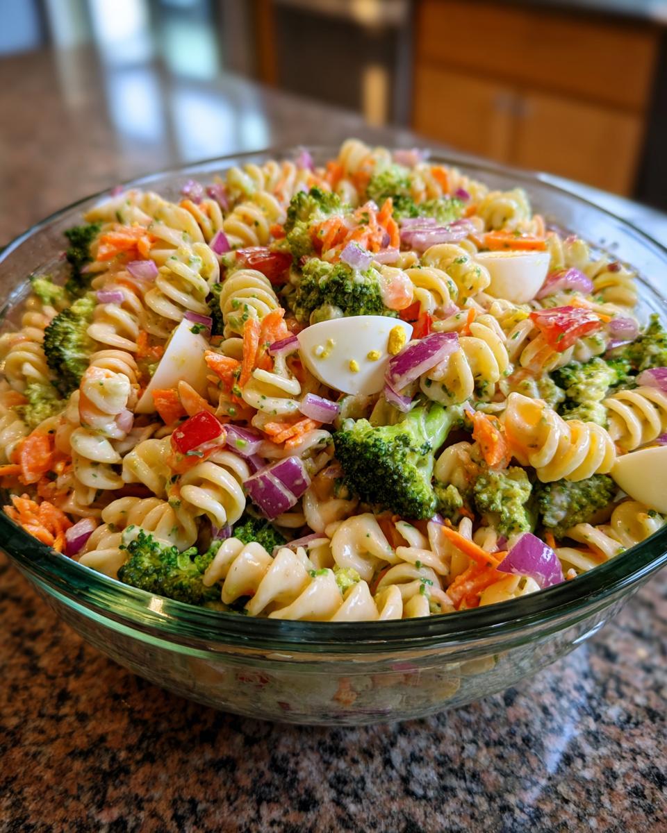A large bowl of pasta salad easter with rotini pasta, broccoli, carrots, red onion, and hard-boiled eggs.
