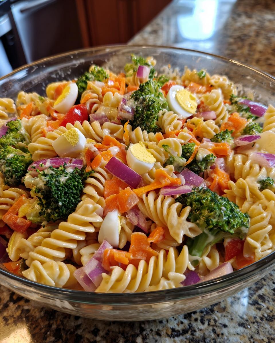 Close-up of a bowl of pasta salad for Easter, with pasta, broccoli, carrots, red onion, and eggs.
