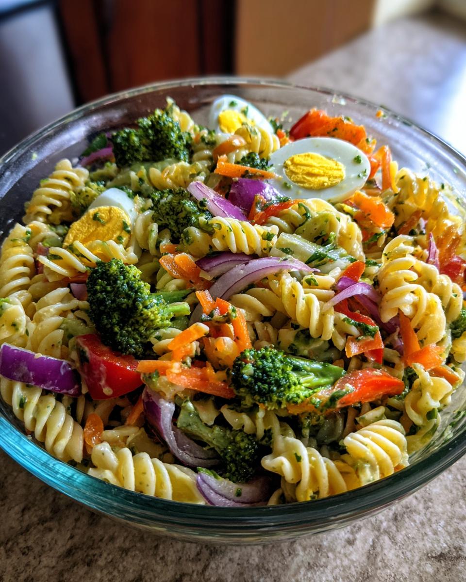 Close-up of a pasta salad Easter dish with pasta, vegetables, and eggs in a glass bowl.