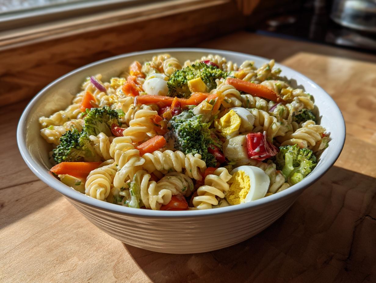 A colorful bowl of pasta salad Easter with fusilli pasta, vegetables, and hard-boiled eggs.