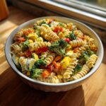 Close-up of a vibrant pasta salad Easter bowl with rotini pasta, vegetables, and eggs.