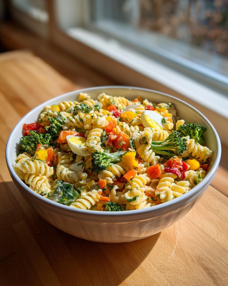 A bowl of colorful pasta salad Easter with vegetables and eggs.