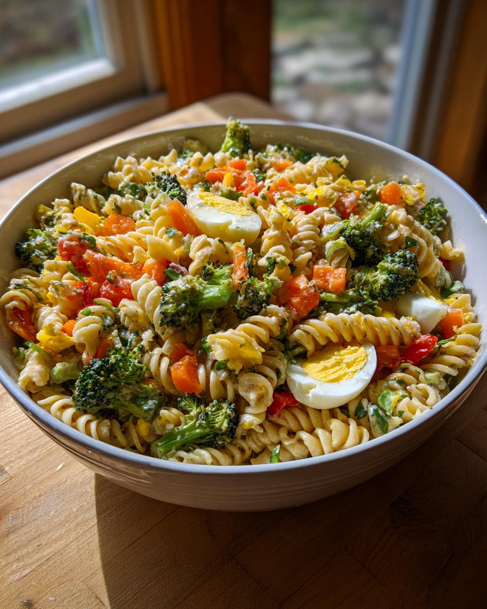 A vibrant bowl of pasta salad Easter with rotini pasta, vegetables, and hard-boiled eggs.
