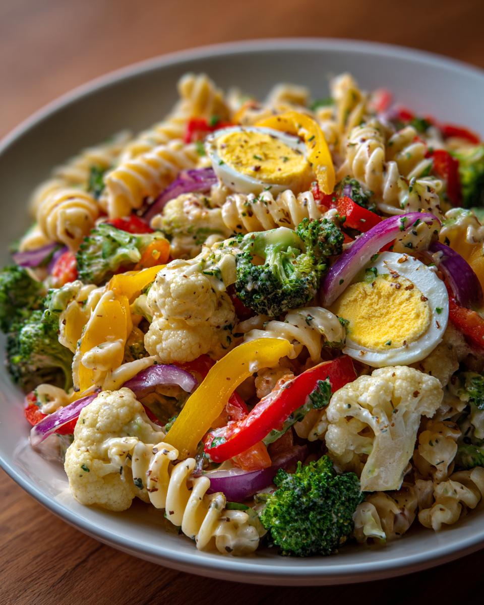 Close-up of a pasta salad easter with pasta, vegetables, and hard-boiled eggs.