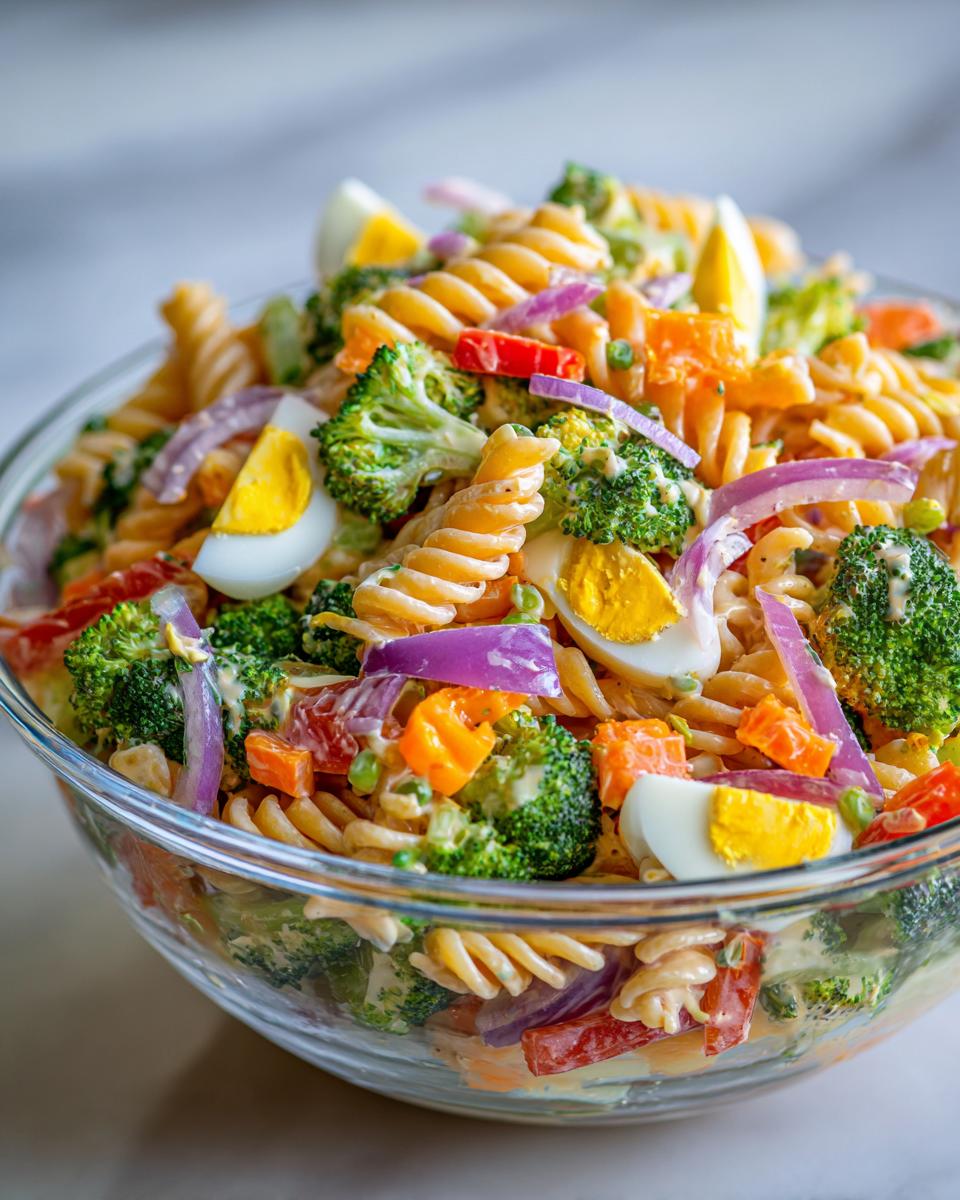 Close-up of a vibrant pasta salad for Easter with pasta, broccoli, eggs, and vegetables.