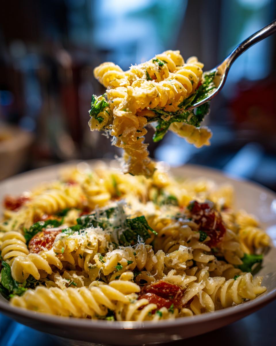 Close-up of pasta salad easy with fusilli pasta, tomatoes, and herbs, being lifted by a fork.