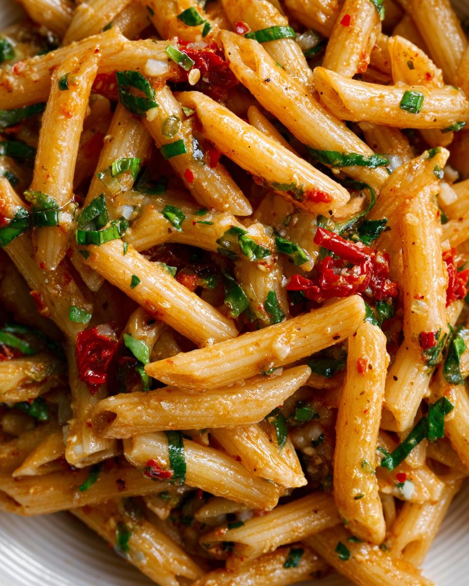 Close-up of a pasta salad easy with penne pasta, herbs, and sun-dried tomatoes.