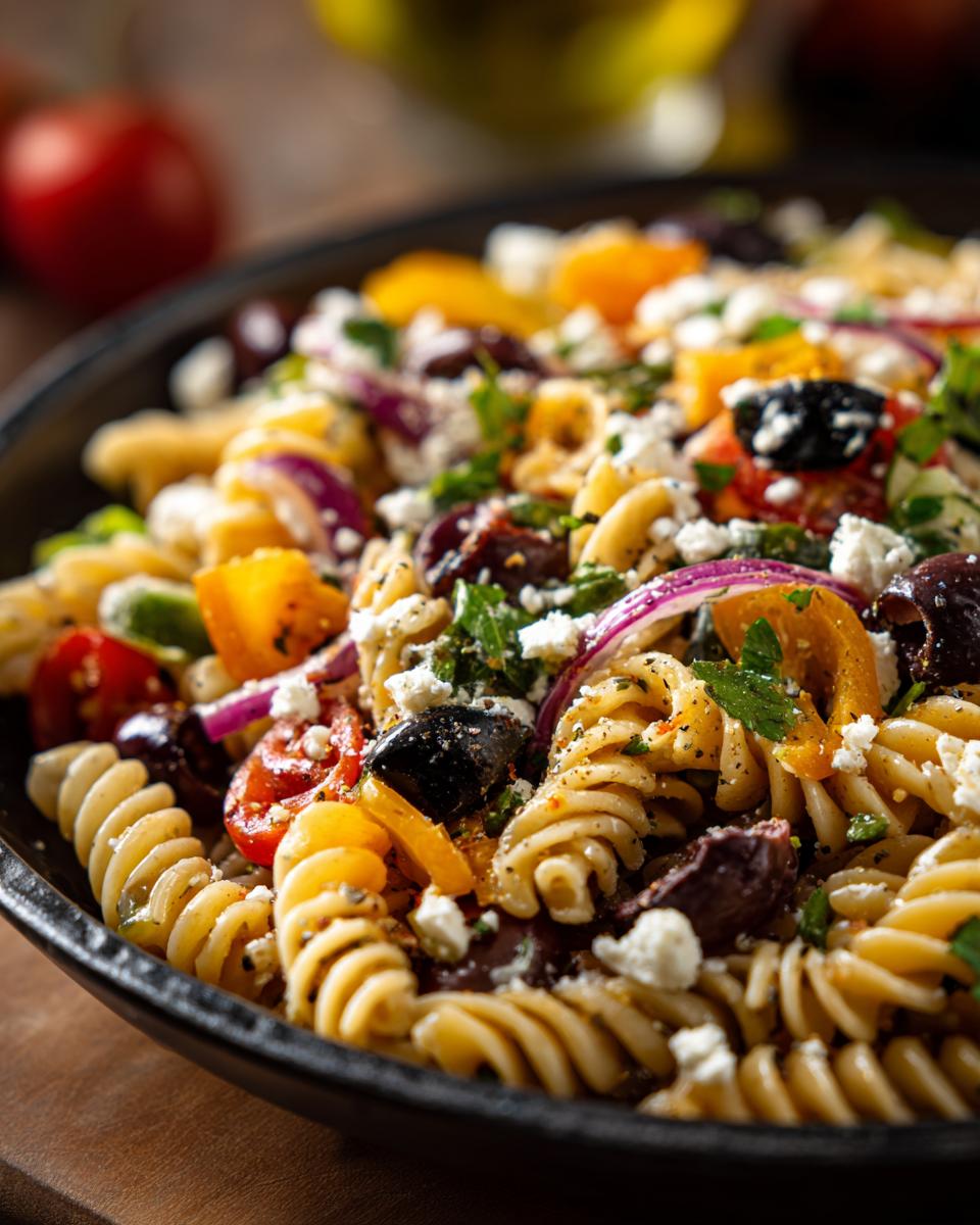 Close-up of a delicious pasta salad easy recipe with rotini pasta, olives, feta, and vegetables.
