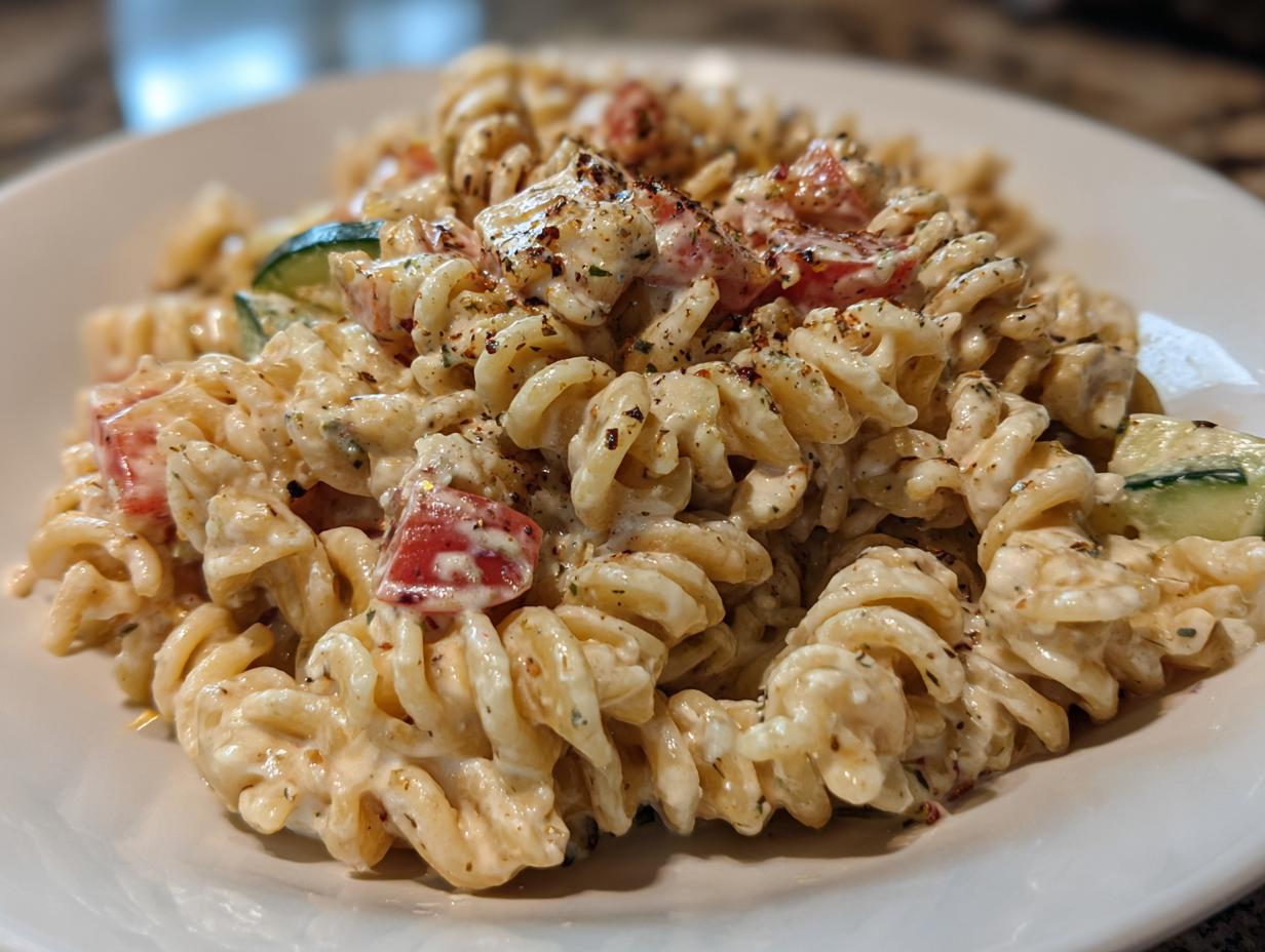 Close-up of a creamy pasta salad easy, featuring fusilli pasta, tomatoes, and cucumbers.