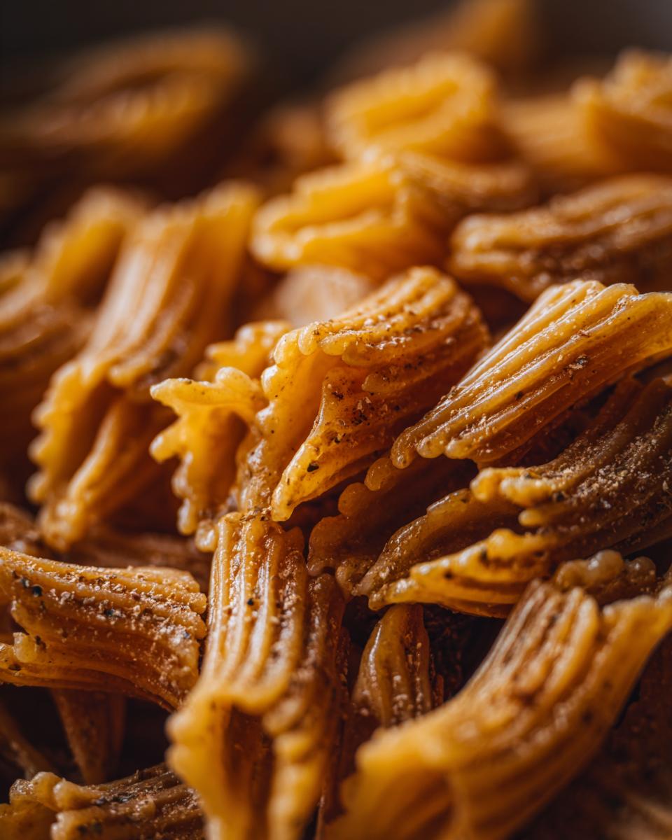 Close-up of cooked pasta, ready to be used in a delicious pasta salad easy recipe.