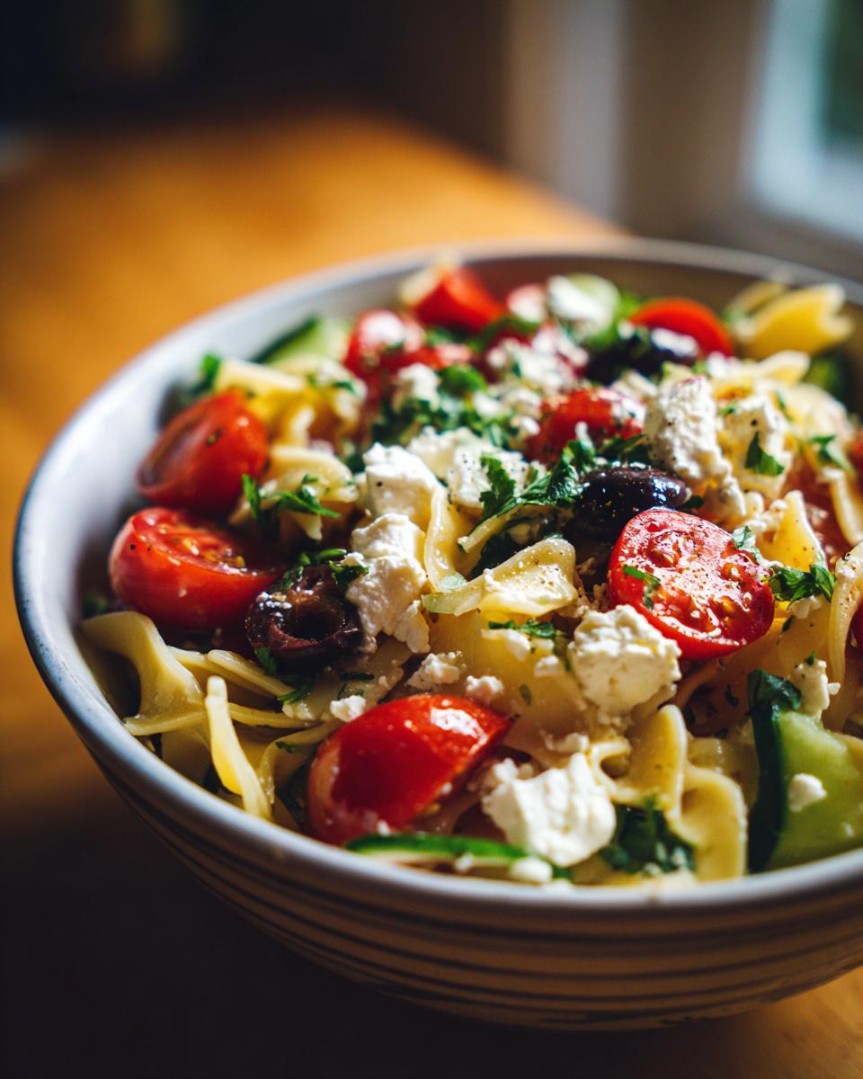 Close-up of a bowl of pasta salad feta with cherry tomatoes, olives, cucumbers, and feta cheese.