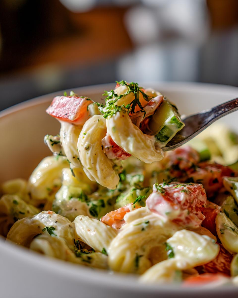 Close-up of pasta salad on a fork, showing pasta, tomatoes, cucumbers, and creamy dressing. How do you make pasta salad?