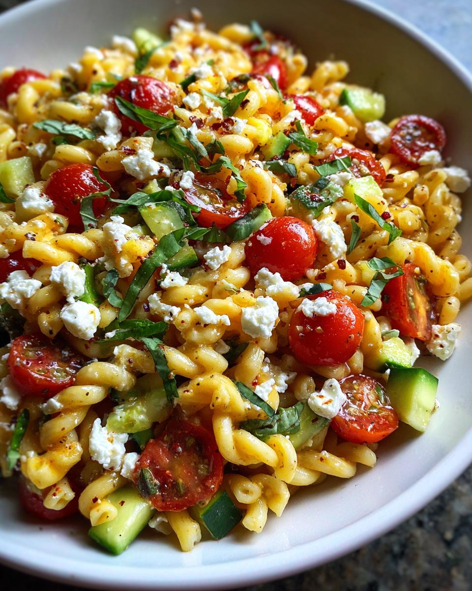 Close-up of pasta salad goat cheese with tomatoes, cucumbers, and basil in a white bowl.