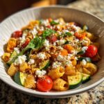 Close-up of pasta salad goat cheese with tomatoes, zucchini, and basil.