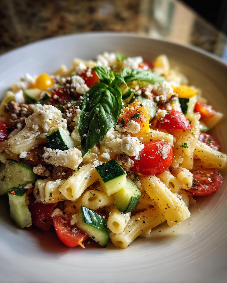 Close-up of pasta salad goat cheese with tomatoes, cucumbers, and basil.