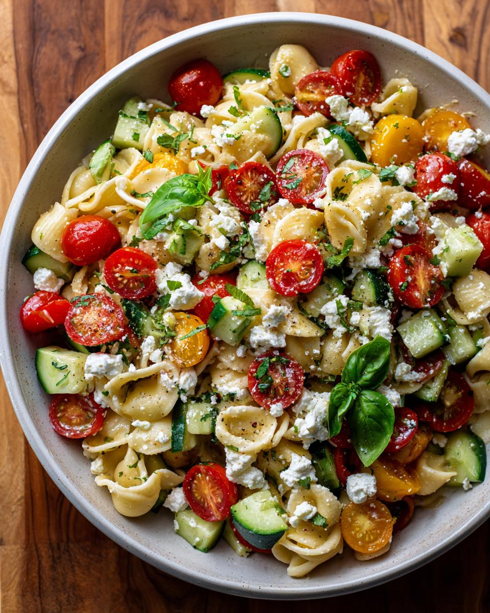 Overhead shot of pasta salad goat cheese with tomatoes, cucumbers, and basil.
