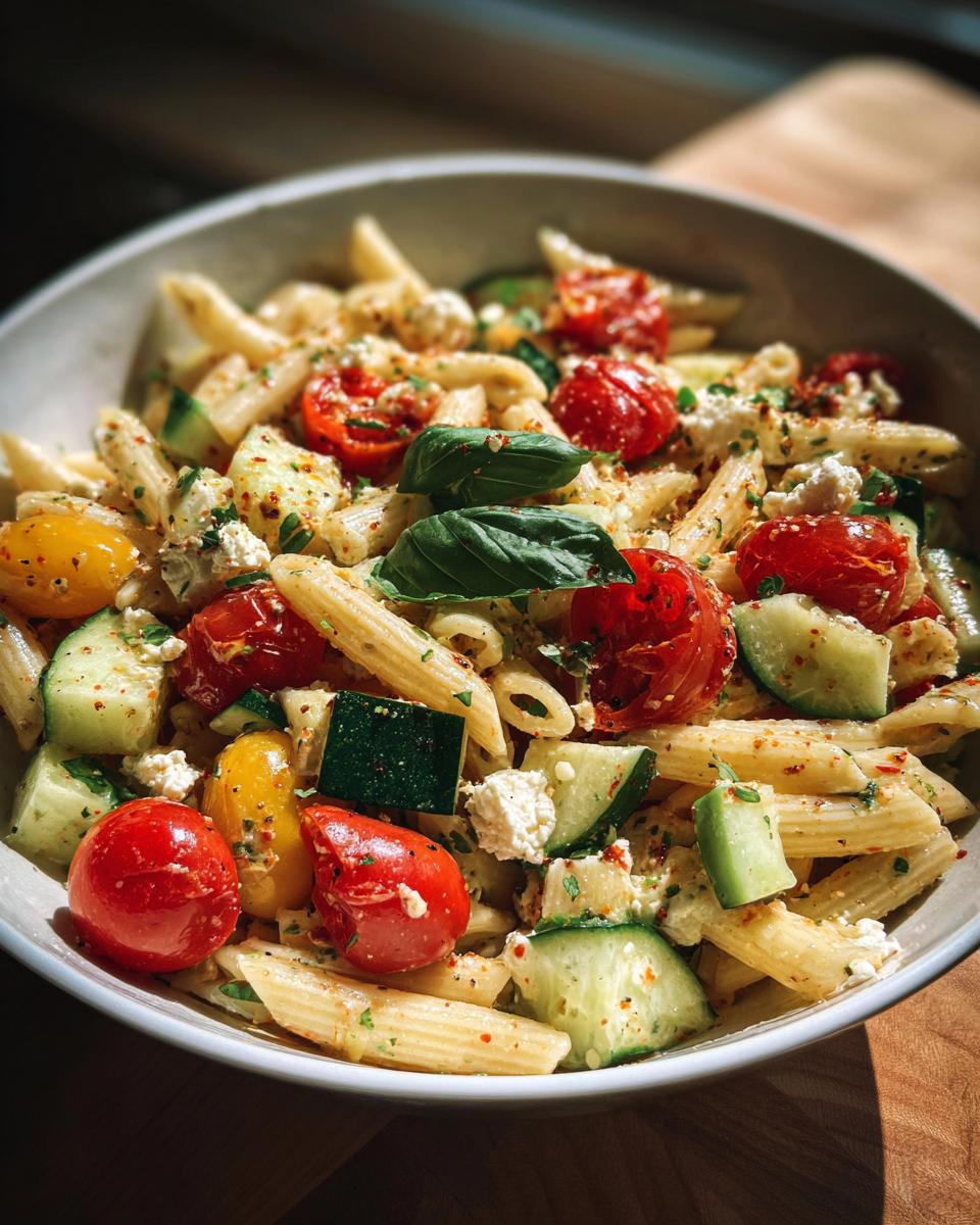 Close-up of pasta salad goat cheese with tomatoes, cucumbers, and basil.
