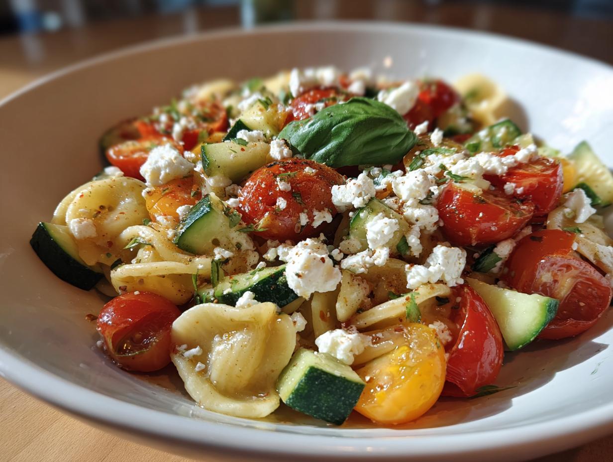 A vibrant pasta salad goat cheese with cherry tomatoes, zucchini, and fresh herbs.