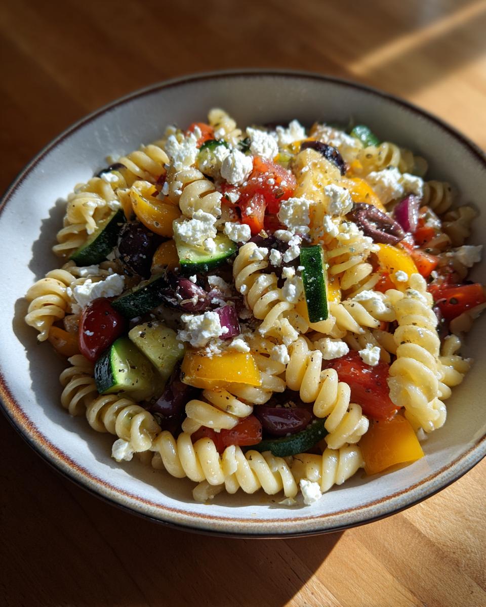 Close-up of a bowl of pasta salad Greek with feta cheese, tomatoes, and olives.