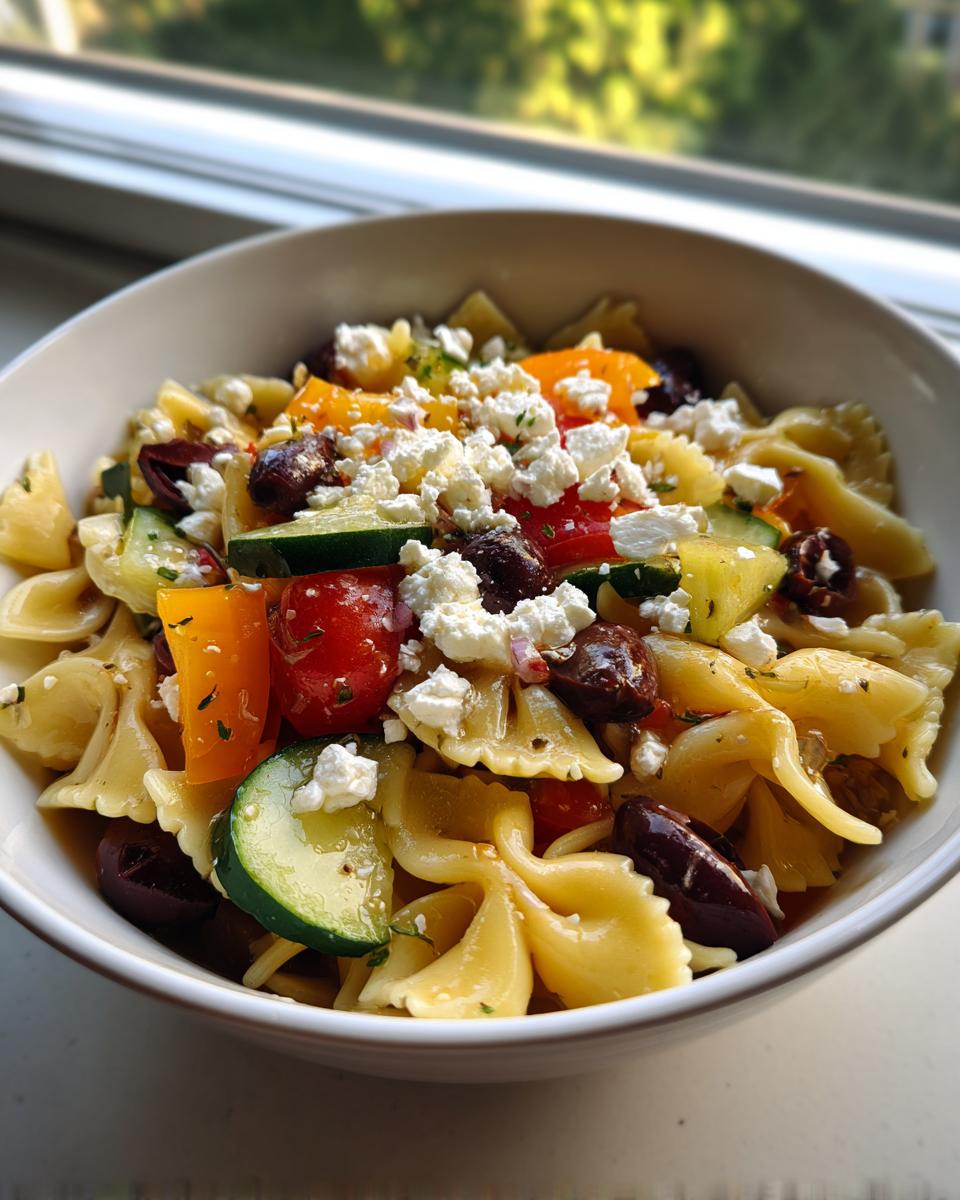 Close-up of a bowl of pasta salad greek with feta cheese, olives, and vegetables.