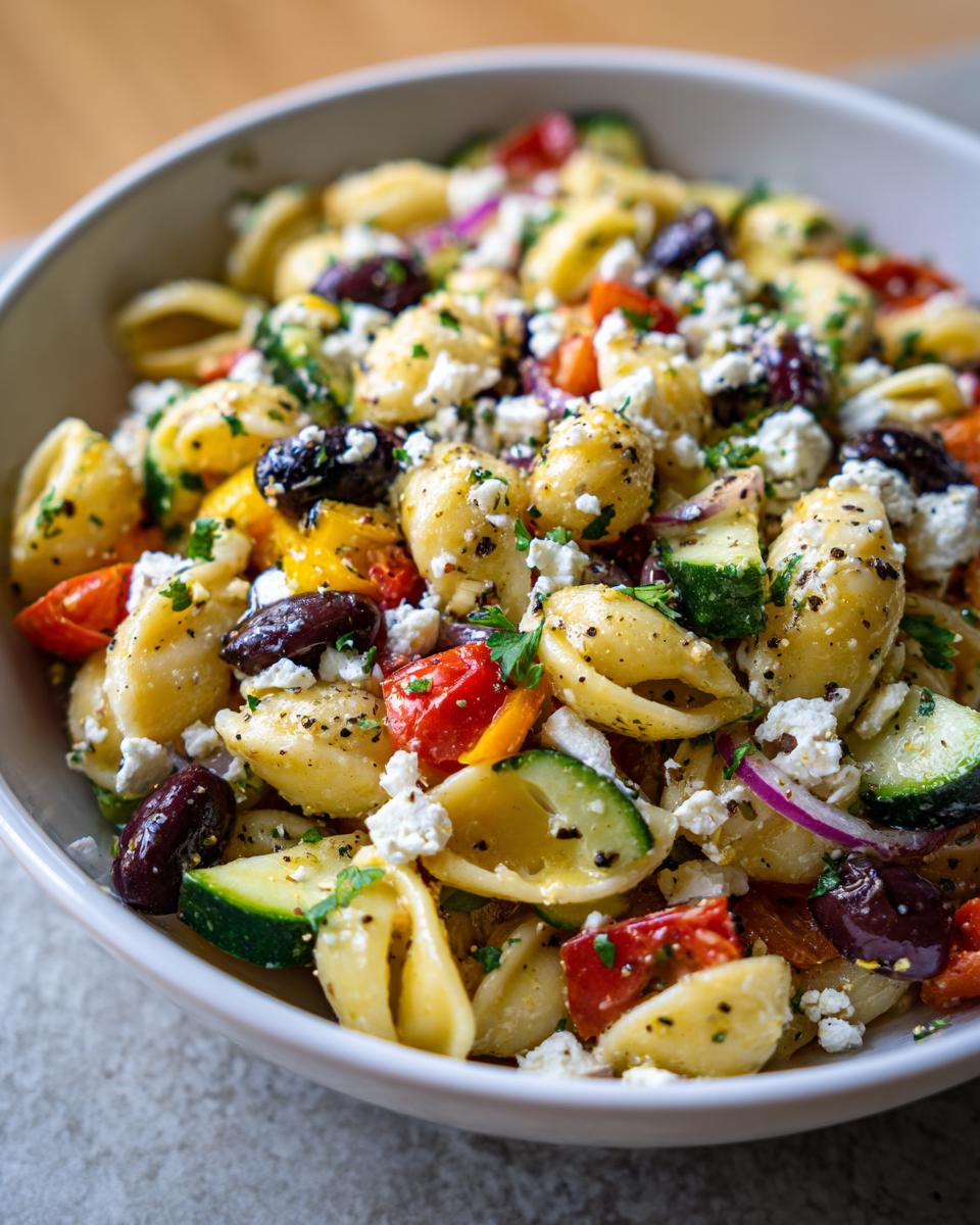 Close-up of a vibrant pasta salad Greek with olives, feta, and vegetables. Featuring the pasta salad Greek.