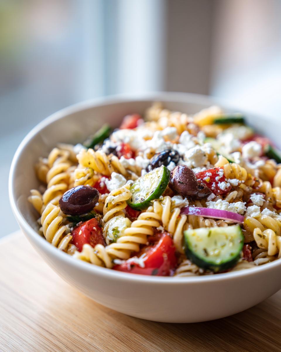 Close-up of a bowl of pasta salad greek with tomatoes, olives, feta, and cucumbers.