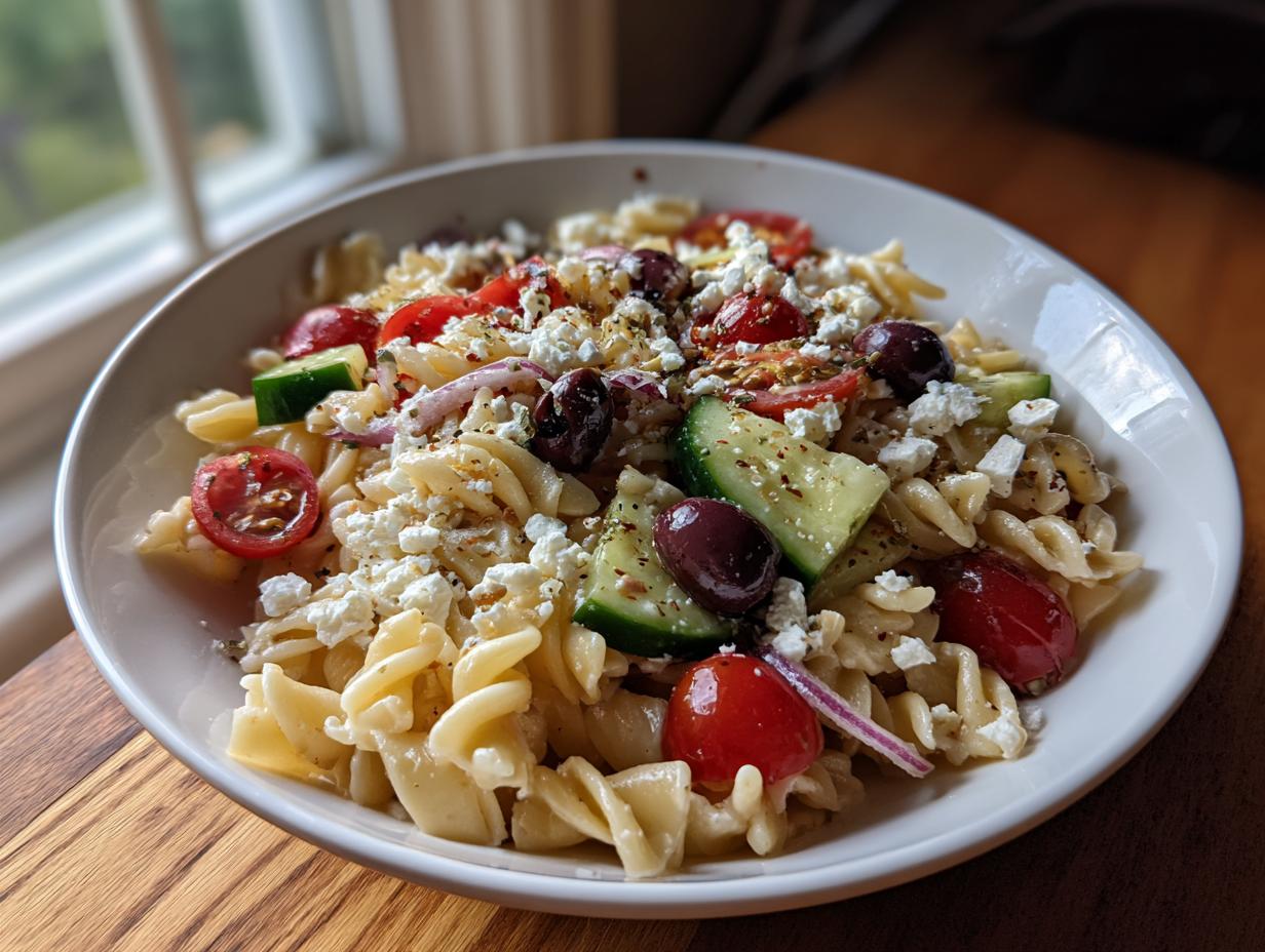 Close-up of a bowl of pasta salad Greek with tomatoes, olives, feta cheese, and cucumbers.